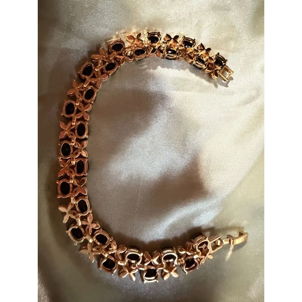 Gold Tone Black Onyx Look Floral Tennis Bracelet 7.5